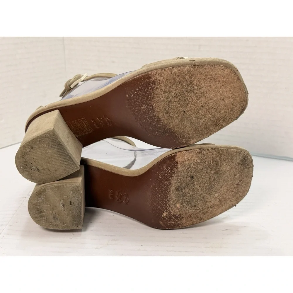 Tory Burch Gabrielle Beige Suede Block‎ Heel Sandals Logo Hardware Women's 6.5M